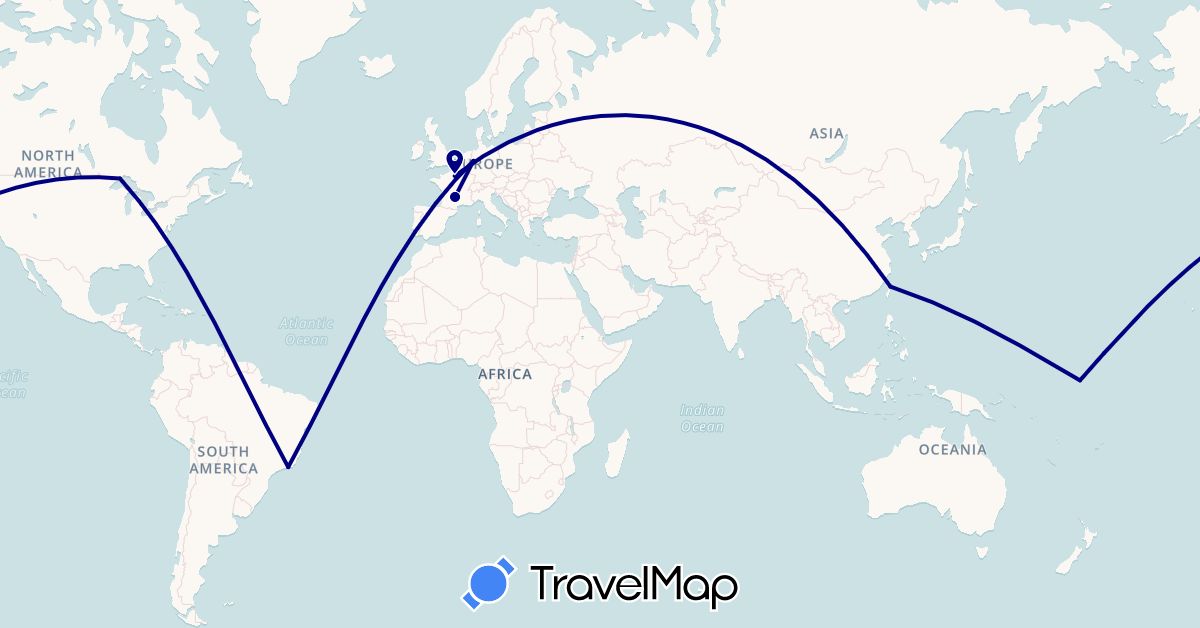 TravelMap itinerary: driving in Brazil, Canada, Germany, France, Kiribati, Taiwan (Asia, Europe, North America, Oceania, South America)